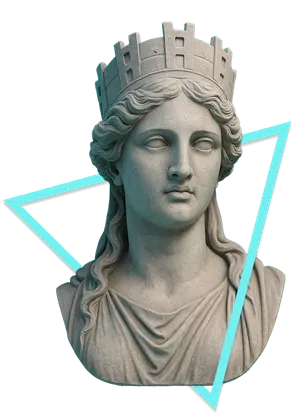 Classical bust of Tyche framed by a cyan triangle